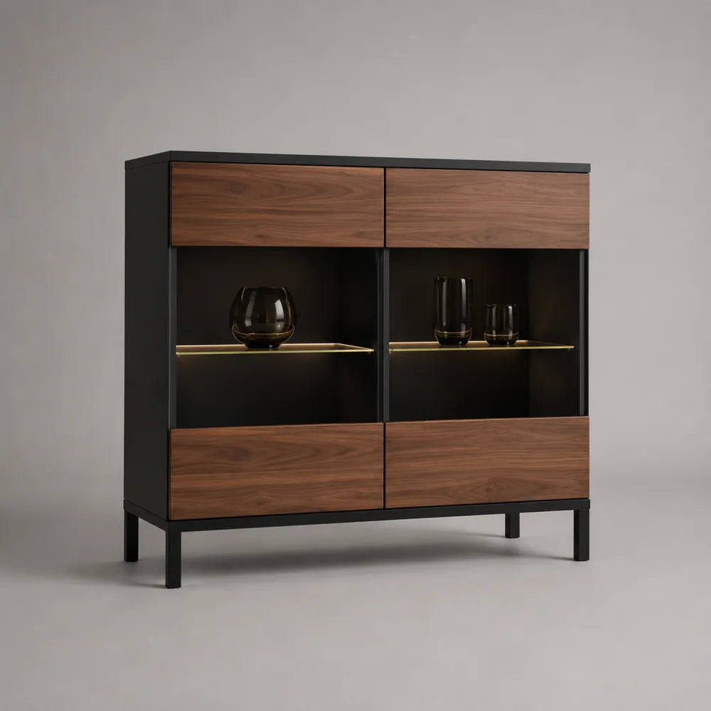 Buffet de salle à manger 2 tiroirs 2 portes MDF plaqué noyer structure acier noir étagères verre trempé éclairage LED 120 cm x 40 cm x 85 cm