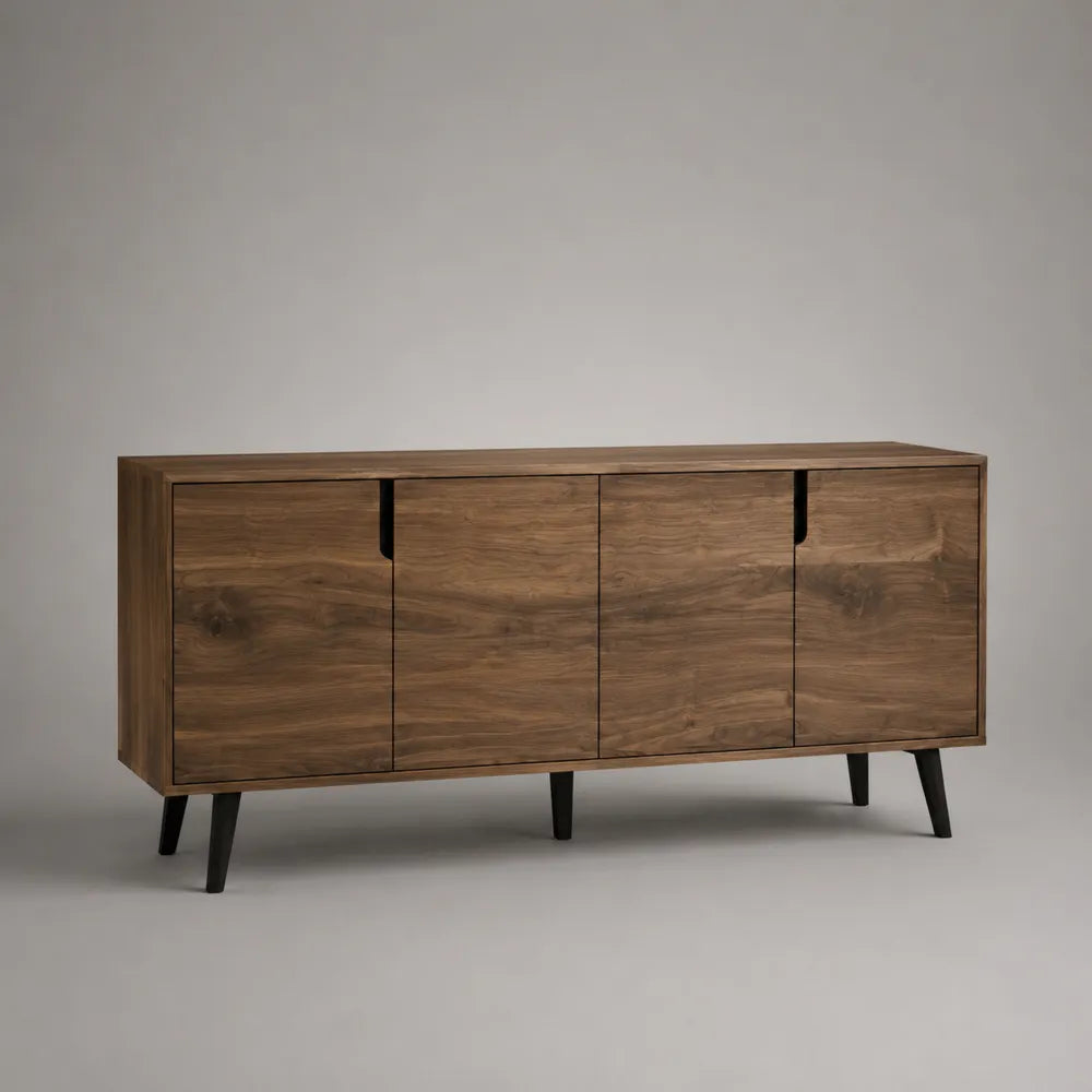 buffet de salle à manger 180 cm 4 portes MDF placage noyer pieds acier noir 180 x 40 x 80 cm