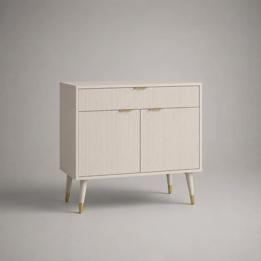 buffet de salle à manger 120 cm MDF rainuré blanc cassé 1 tiroir 2 portes pieds inclinés doré 120 x 40 x 85 cm