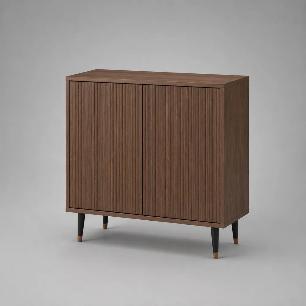 Buffet de salle à manger 2 portes MDF placage noyer nervuré piètement métal noir 100 cm x 40 cm x 85 cm