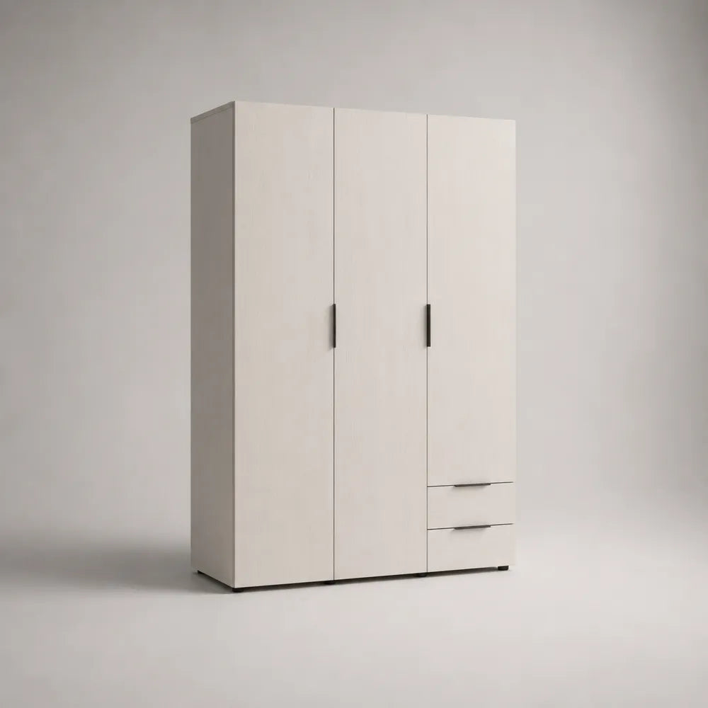 Armoire 3 portes 2 tiroirs 120 x 200 cm MDF finition bois clair forme rectangulaire poignées métal noir rangement chambre