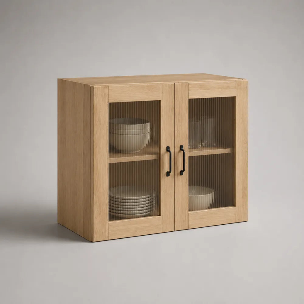 Meuble de cuisine 80 x 35 x 60 cm en MDF effet chêne clair portes vitrées striées double porte poignées noires