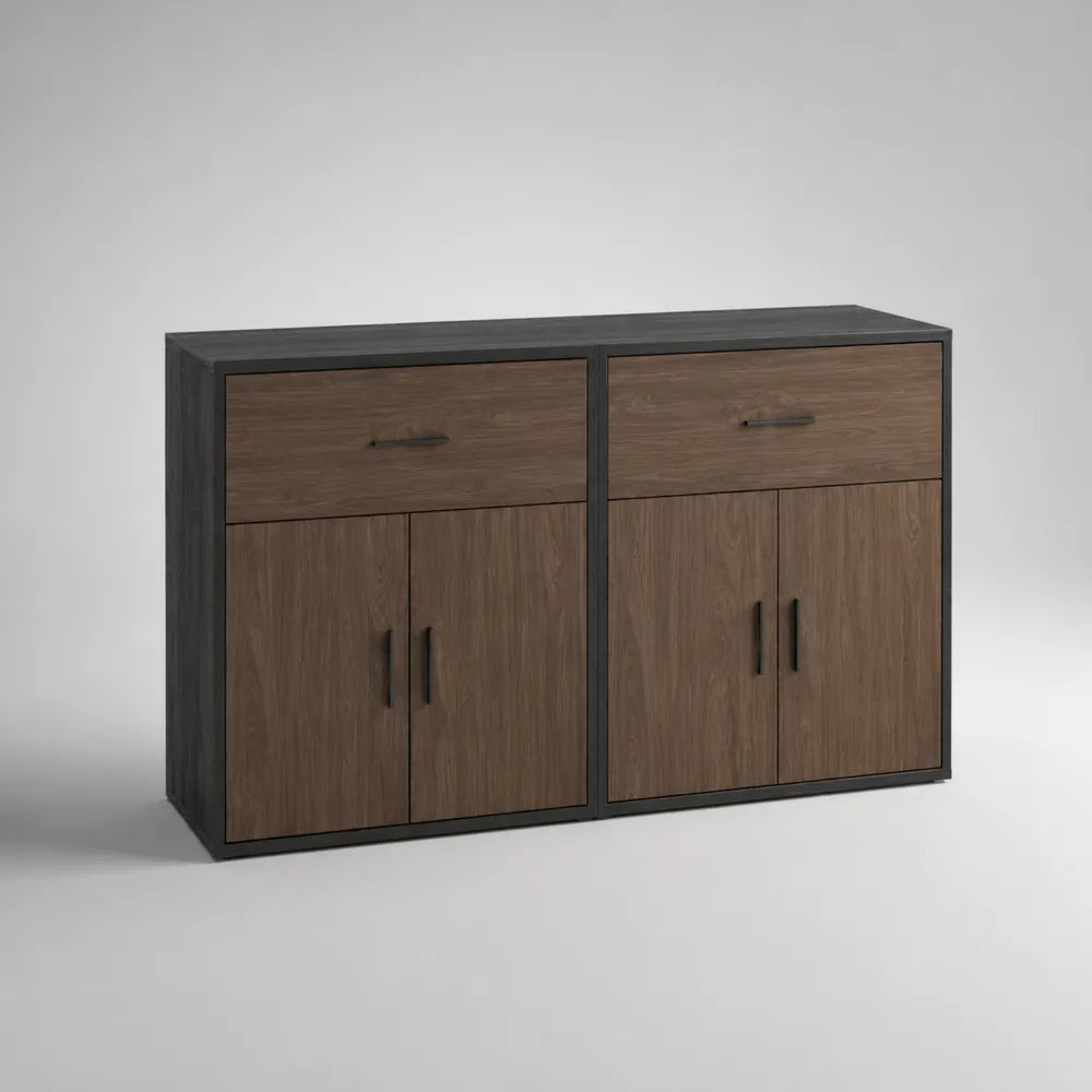 buffet de salle à manger 4 portes 2 tiroirs MDF placage noyer structure bois foncé 160 x 40 x 85 cm