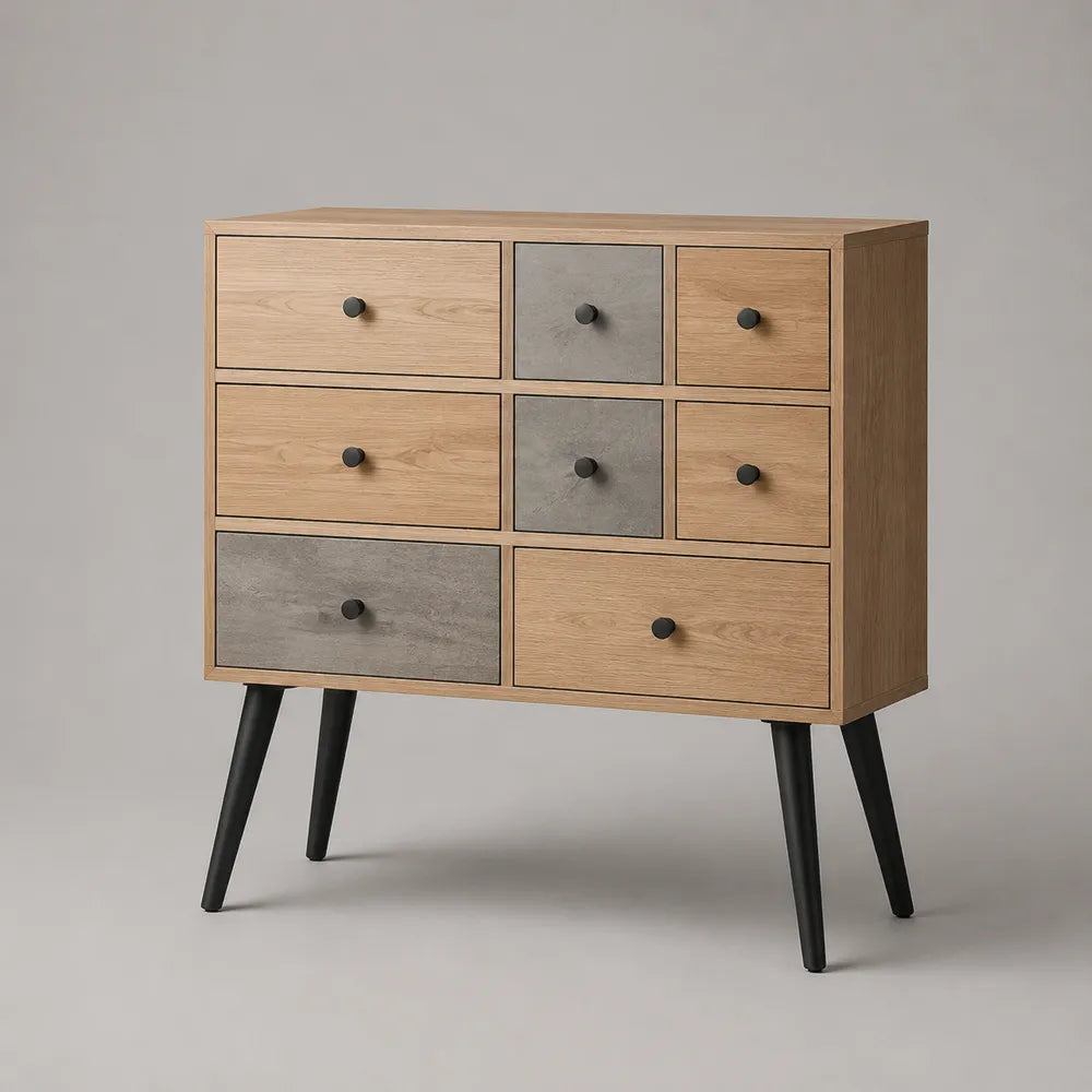 Buffet meuble de rangement 8 tiroirs MDF placage chêne décor béton gris pieds métal noir 100 x 40 x 85 cm