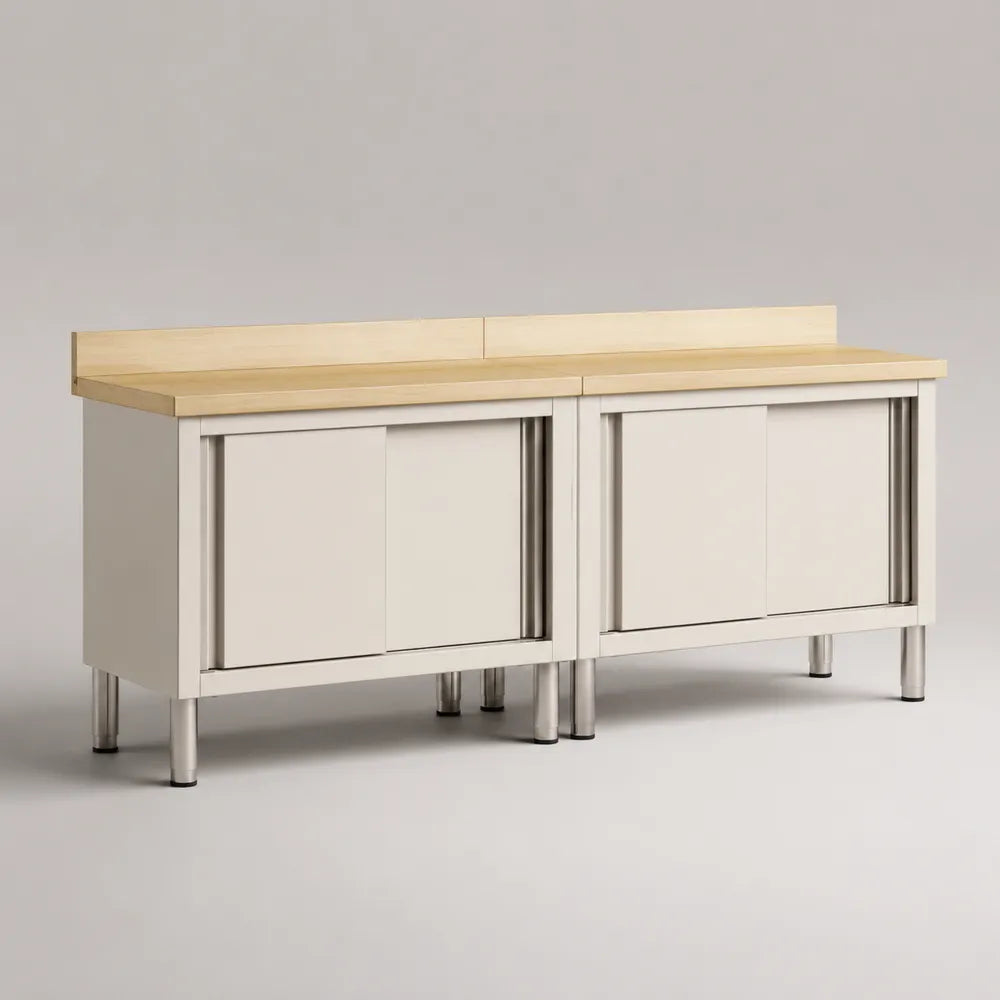 Meuble bas de cuisine 240 x 60 x 90 cm lot de 2 modules portes coulissantes plateau bois clair structure blanc pieds métalliques