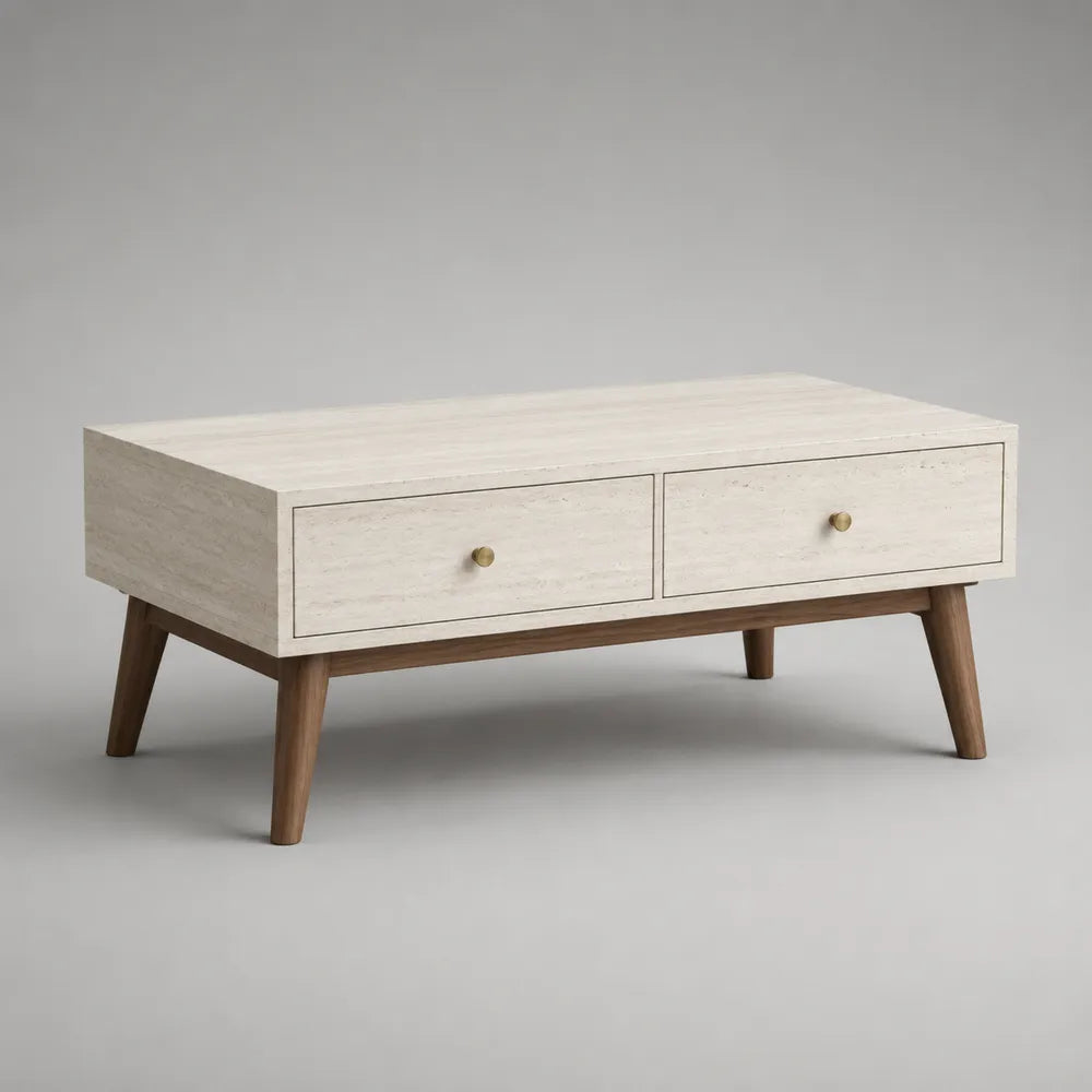 Table basse 120 cm 60 cm 45 cm MDF placage chêne clair tiroirs doubles pieds bois massif forme rectangulaire