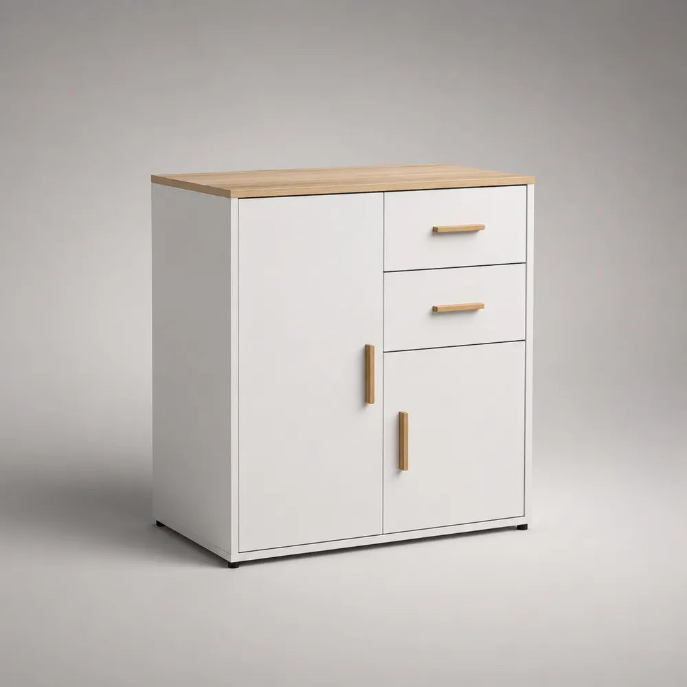 Buffet meuble de rangement 1 porte 2 tiroirs MDF mélaminé blanc plateau décor chêne pieds bois et PP 90 x 40 x 85 cm