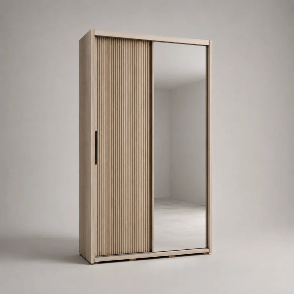 Armoire 120 x 60 x 200 cm en panneaux de particules MDF finition chêne clair avec porte coulissante miroir et façade à lattes en bois