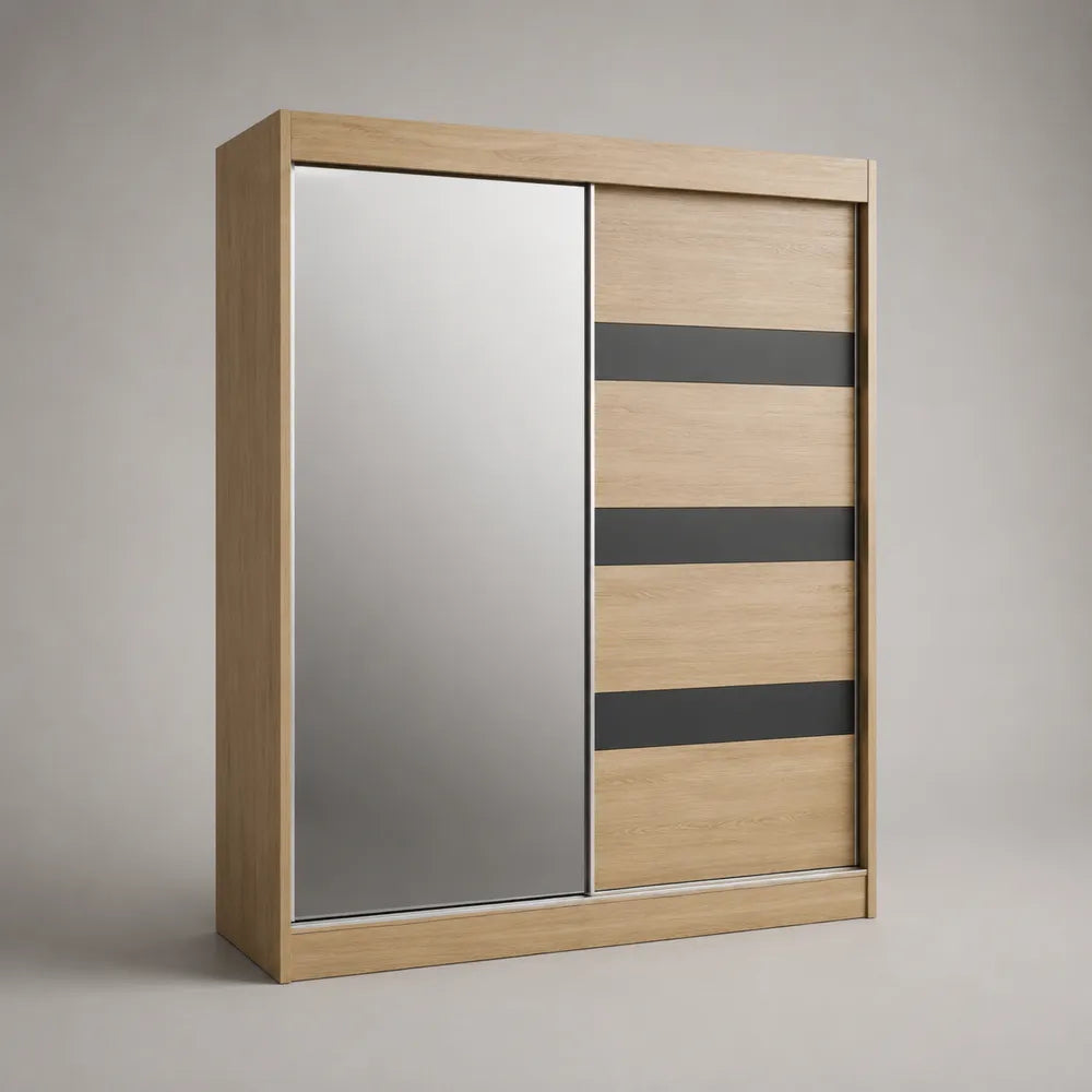 Armoire chambre portes coulissantes miroir MDF placage chêne clair panneaux gris anthracite rectangulaire 180 cm largeur 60 cm profondeur 200 cm hauteur