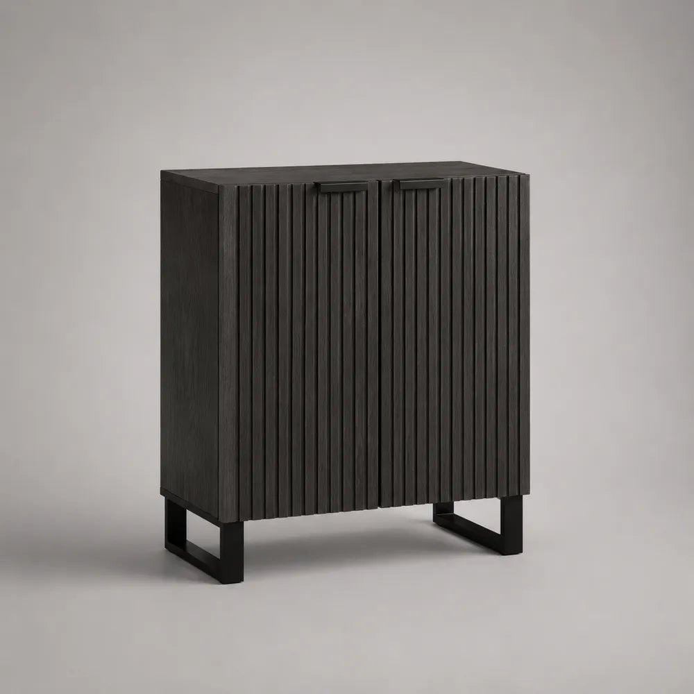 buffet de salle à manger 2 portes MDF rainuré noir structure métal pieds noirs 80 x 40 x 85 cm