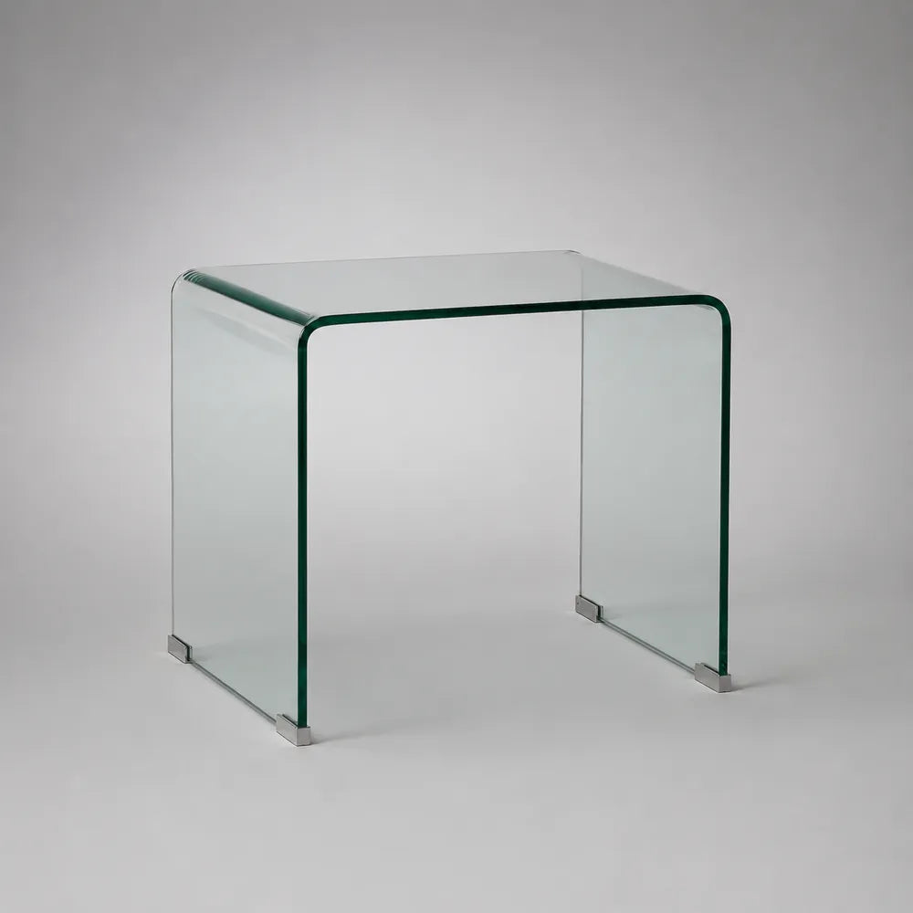 Table de chevet en verre trempé transparent 45 x 35 x 50 cm structure en U forme rectangulaire bords arrondis patins métalliques
