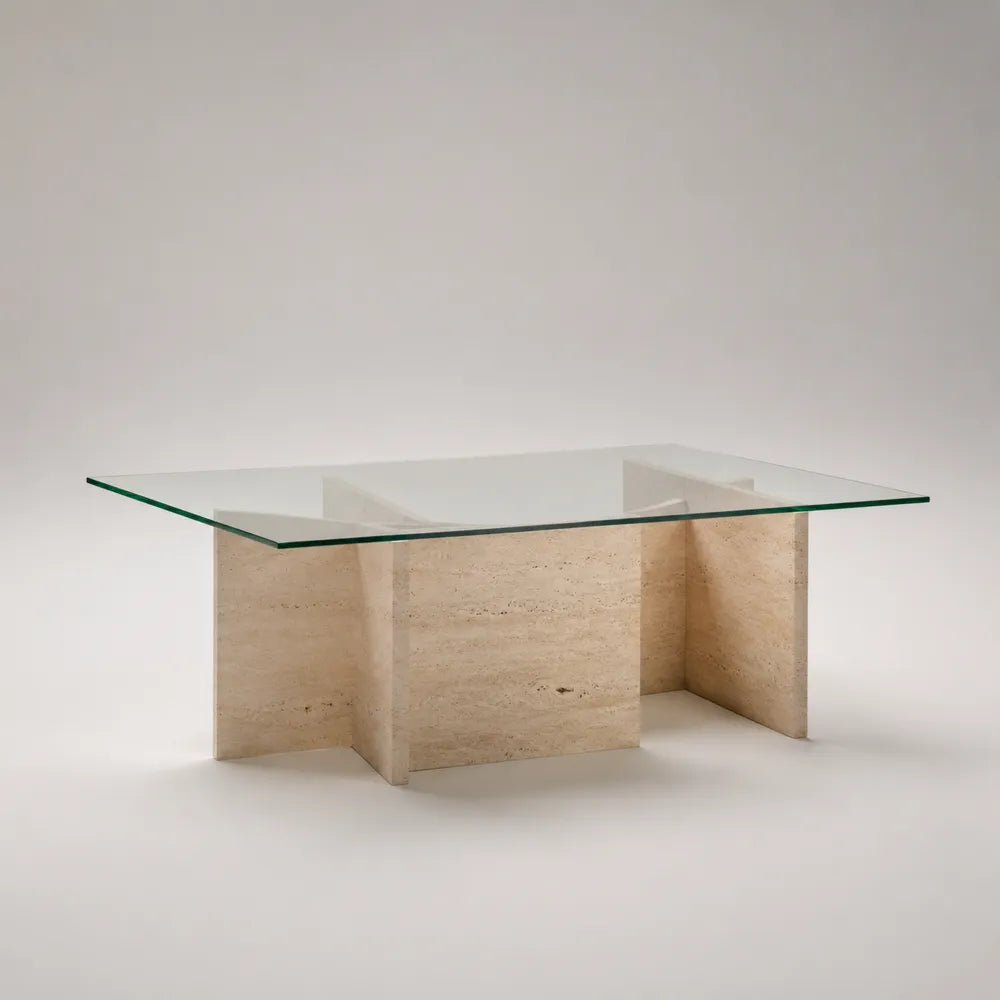 Table basse 120 cm 70 cm 35 cm plateau verre trempé base pierre travertin naturel structure rectangulaire