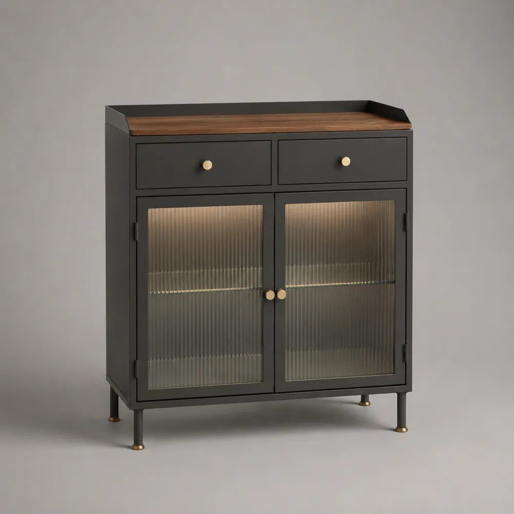 Buffet de salle à manger 2 tiroirs 2 portes vitrées striées MDF placage noyer plateau bois structure métal noir 100 x 40 x 85 cm